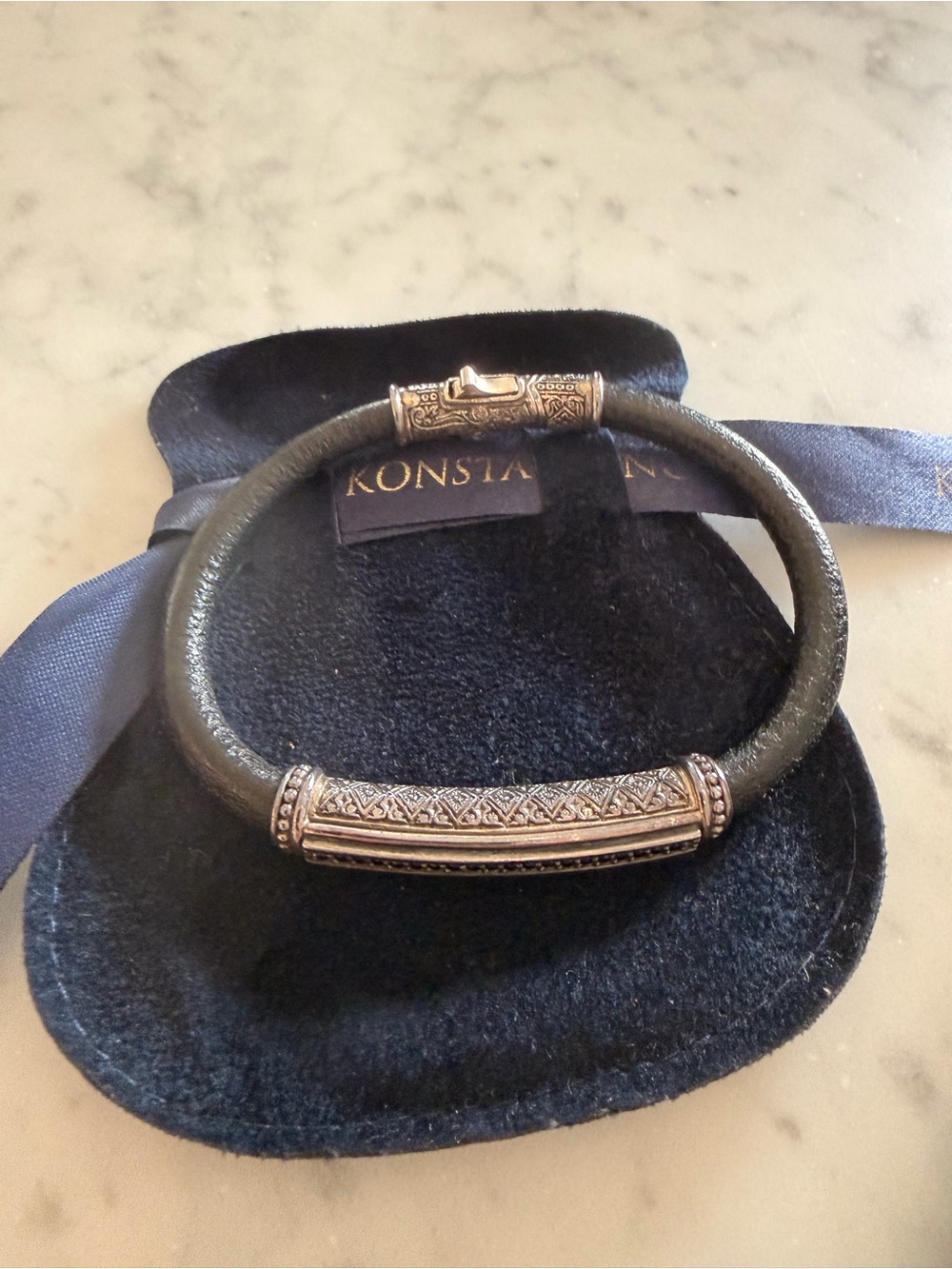 Konstantino Black Leather Bracelet with Sterling Silver and Spinel Stones